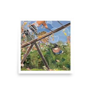 May include: A whimsical art print depicts a child on a swing set. The artwork features a wooden swing set, a child swinging, and a pair of sneakers. The background includes foliage, leaves, and a blue sky with clouds. The style is reminiscent of a collage.