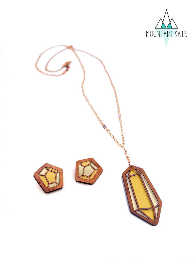 Citrine Color Acrylic Jewelry Laser Cut Wood Jewelry Gold Crystal Necklace /& Earring Set