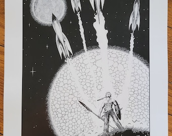 Scifi Fantasy Art Print 'Civilizations'' , ink drawing