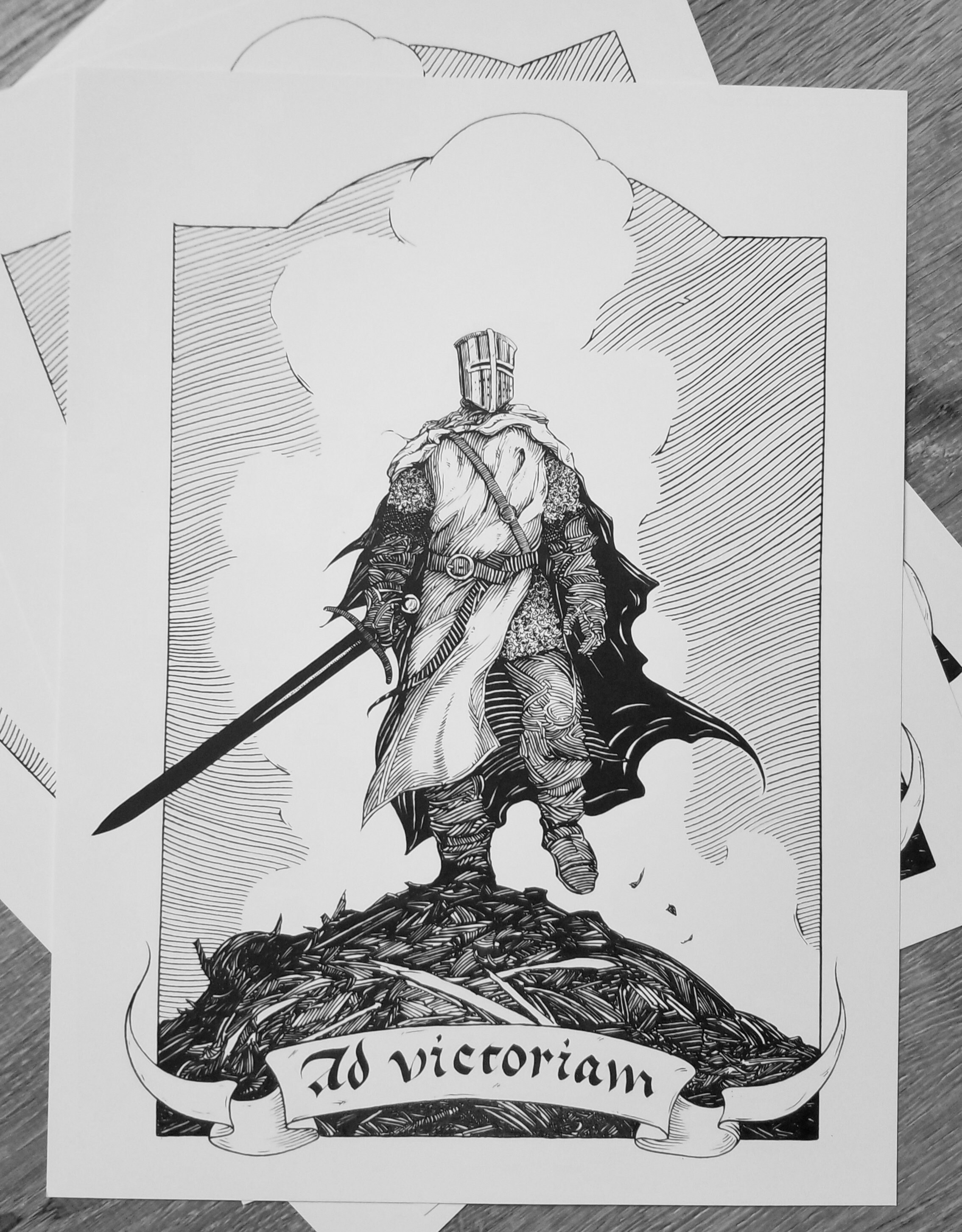 Print Ad Victoriam Ink Drawing Knight Medieval Fantasy Etsy