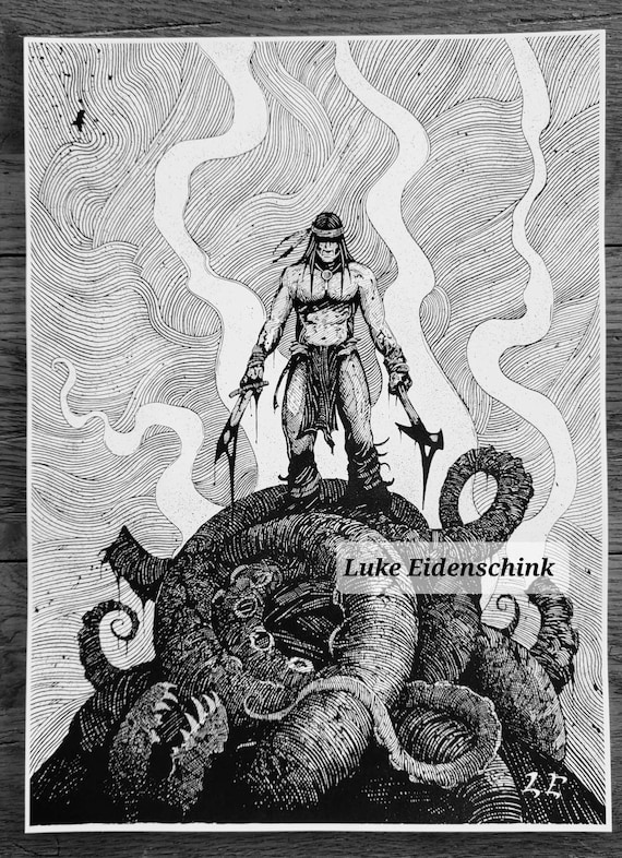 Barbarian Ink Drawing Fantasy Art Print Etsy