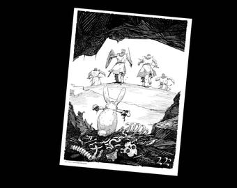 May include: A black and white ink illustration depicting a small rabbit standing before a pile of bones and skulls, facing away from the viewer toward a group of four armored knights running up a hill. The text 'Run away!' and '22' are visible.