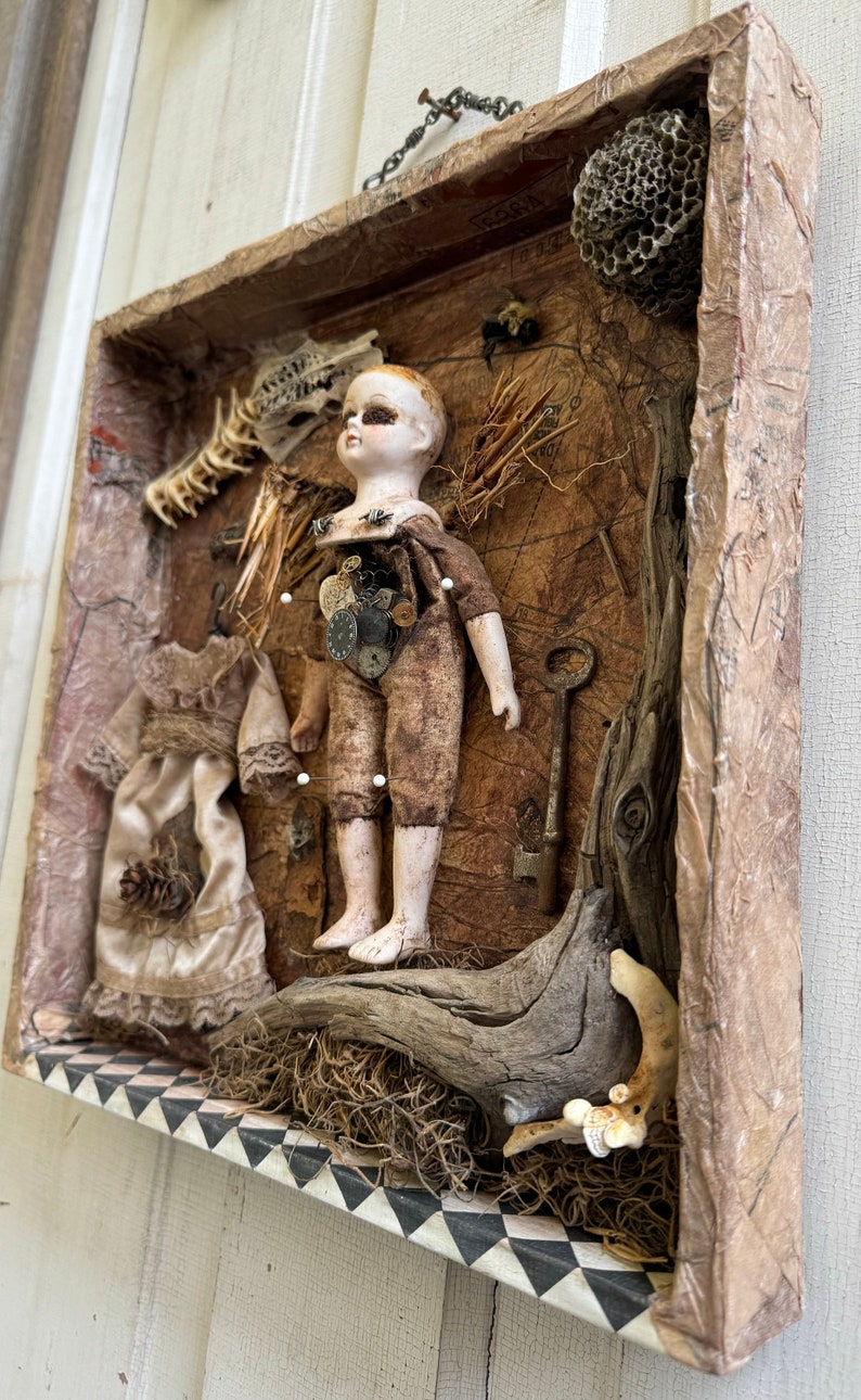 Collecta Morte. An assemblage featuring:vintage porcelain doll,driftwood,found objects,wasp's nest,preserved bee cicada found animal bones. image 3