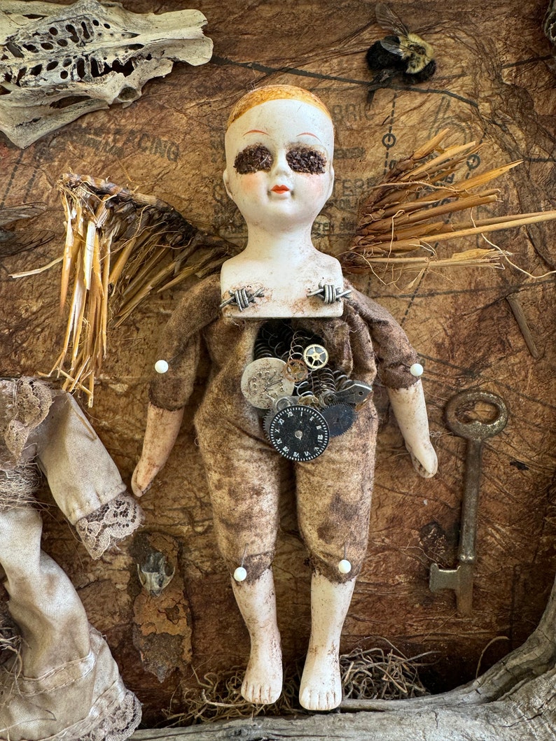 Collecta Morte. An assemblage featuring:vintage porcelain doll,driftwood,found objects,wasp's nest,preserved bee cicada found animal bones. image 4