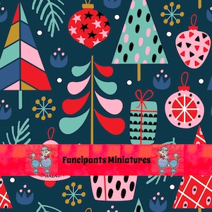 Retro whimsy Christmas wallpaper for miniature dollhouse / art/ scrapbook Printable