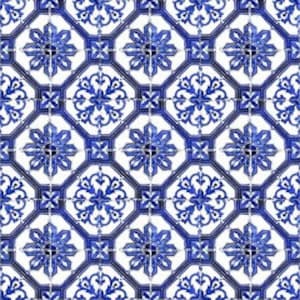 Könnte beinhalten: Ein nahtloses Muster aus blauen und weißen Fliesen mit geometrischem Design. Die Fliesen zeigen ein sich wiederholendes Muster aus stilisierten Blumen und Sternen.