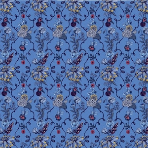 Scrumptious Blau mit roten und cremefarbenen Reben Detail Miniatur Puppenhaus Tapete DIGITAL