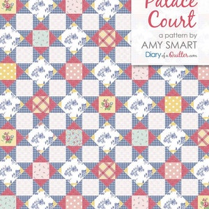 May include: A quilt pattern called "Palace Court" by Amy Smart, featuring a repeating pattern of blue, yellow, red, and white stars with various floral and geometric designs. The pattern is from Diary of a Quilter.