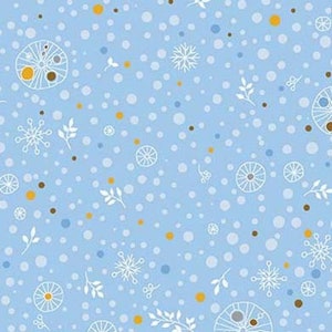 May include: A seamless pattern on a light blue background with white snowflakes, small white branches, and small circles in shades of blue, brown, and yellow.
