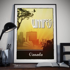 Winnipeg Retro Poster Wall Art Prints Canada Vintage City Design Home Decor Winnipeg skyline Printable Warm colors, Retro Art