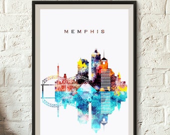 Memphis Skyline, Tennessee Printable Digital Poster, Memphis Watercolor, Cityscape office decor, Wall decor, Typography, Digital Download