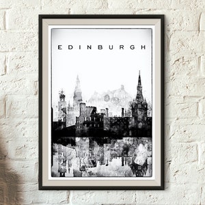 Edinburgh Poster schottischen schwarz weiß druckbare Skyline Digital Poster Aquarell Digital Download, UK moderne Stadtbild, Büro-Dekor