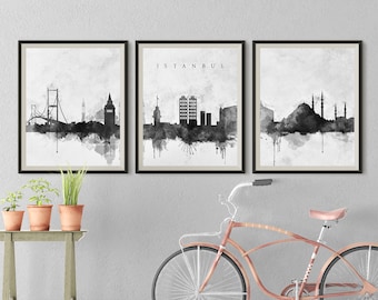 Istanbul Set of 3 prints, Turkey Black White skyline, 3 pieces wall art Istanbul posters Digital Download Art Triptych Set Home Travel Gift