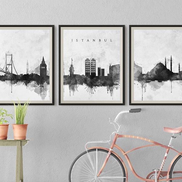 Istanbul, ensemble de 3 tirages, ligne d’horizon Turquie noir blanc, 3 pièces murales Istanbul affiches numériques Télécharger Art triptyque ensemble la maison voyage cadeau