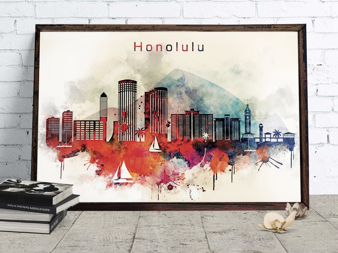 Honolulu Digital Poster City Skylinehawaii Watercolor Etsy