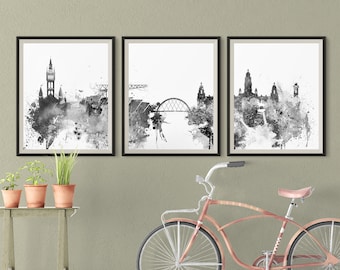 Glasgow Set of 3 Black and White prints Glasgow Scotland skyline 3 pieces wall Glasgow posters Digital Download Art Triptych  Home posters