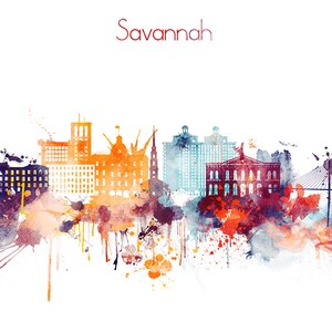 May include: Watercolor painting of the Savannah, Georgia skyline with colorful splashes of paint. The skyline includes the Cathedral of St. John the Baptist, the City Market, and the Talmadge Memorial Bridge.