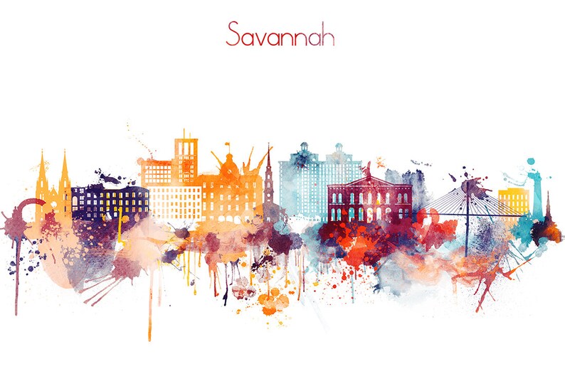 May include: Watercolor painting of the Savannah, Georgia skyline with colorful splashes of paint. The skyline includes the Cathedral of St. John the Baptist, the City Market, and the Talmadge Memorial Bridge.