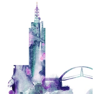 May include: Watercolor painting of a city skyline with a tall building and a bridge. The painting is in shades of blue, purple, and green.