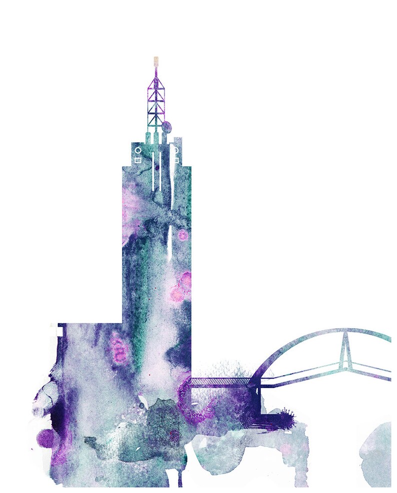 May include: Watercolor painting of a city skyline with a tall building and a bridge. The painting is in shades of blue, purple, and green.