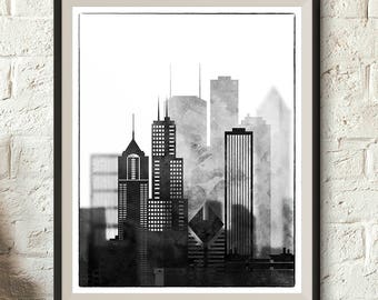 Chicago Black and White Skyline, Chicago Printable Skyline, Digital Poster, Watercolor, Digital Download, Illinois poster