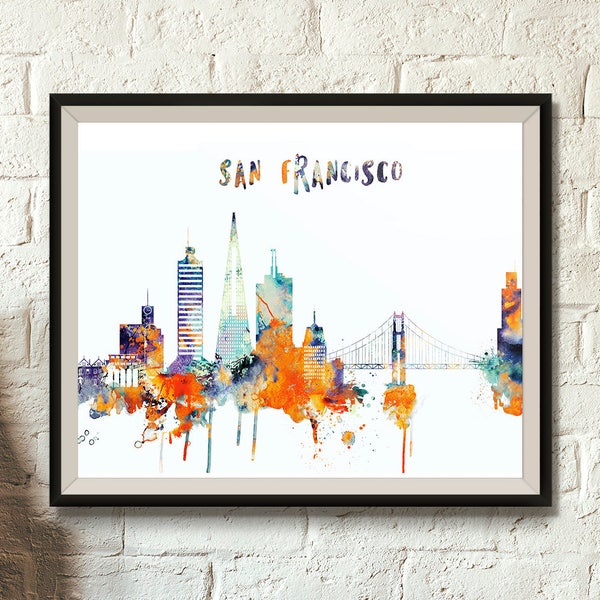 San Francisco Skyline, Frisco Digital Poster, San Francisco Watercolor, California Cityscape, Wall decor, Typography, Digital Download,