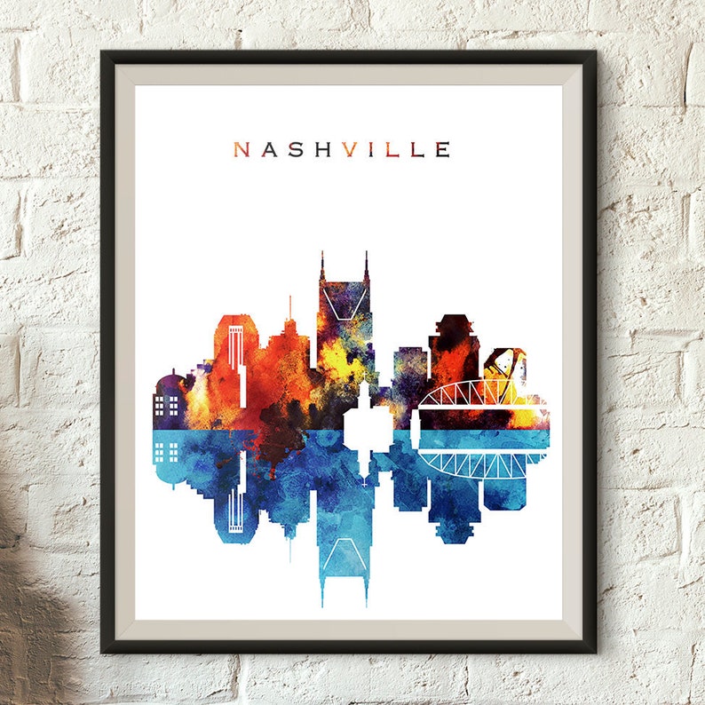 Nashville Watercolor Skyline, Nashville Printable Skyline, Tennessee Digital Poster, Printable wall art, Digital Download image 1