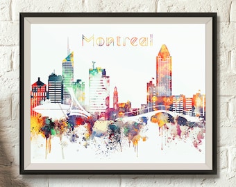 May include: A watercolor painting of the Montreal skyline with the word "Montreal" in a stylized font at the top. The painting features a variety of buildings in different colors, including blue, green, yellow, orange, and red. The buildings are set against a white background with splashes of watercolor paint.