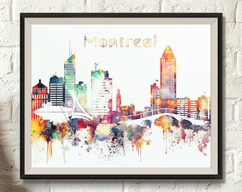 Montreal Skyline, Montreal Digital Poster, Watercolor, Canada Cityscape, Wall decor, Typography, Digital Download, Big size printable