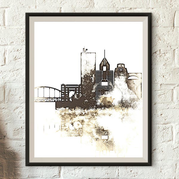 Pittsburgh Black and White Skyline, Poster, Color sepia graphics, Pennsylvania art, Wall decor,  City of Bridges, Digital Download