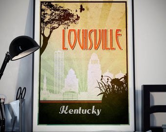 Louisville Poster, Travel Prints, Retro Wall Art, Retro Prints, Design City, Home Decor, Kentucky City skyline, Printable, Retro City Art