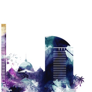 May include: Watercolor painting of a city skyline with a tall building, a domed building, and a palm tree. The painting is in shades of blue, purple, and white.