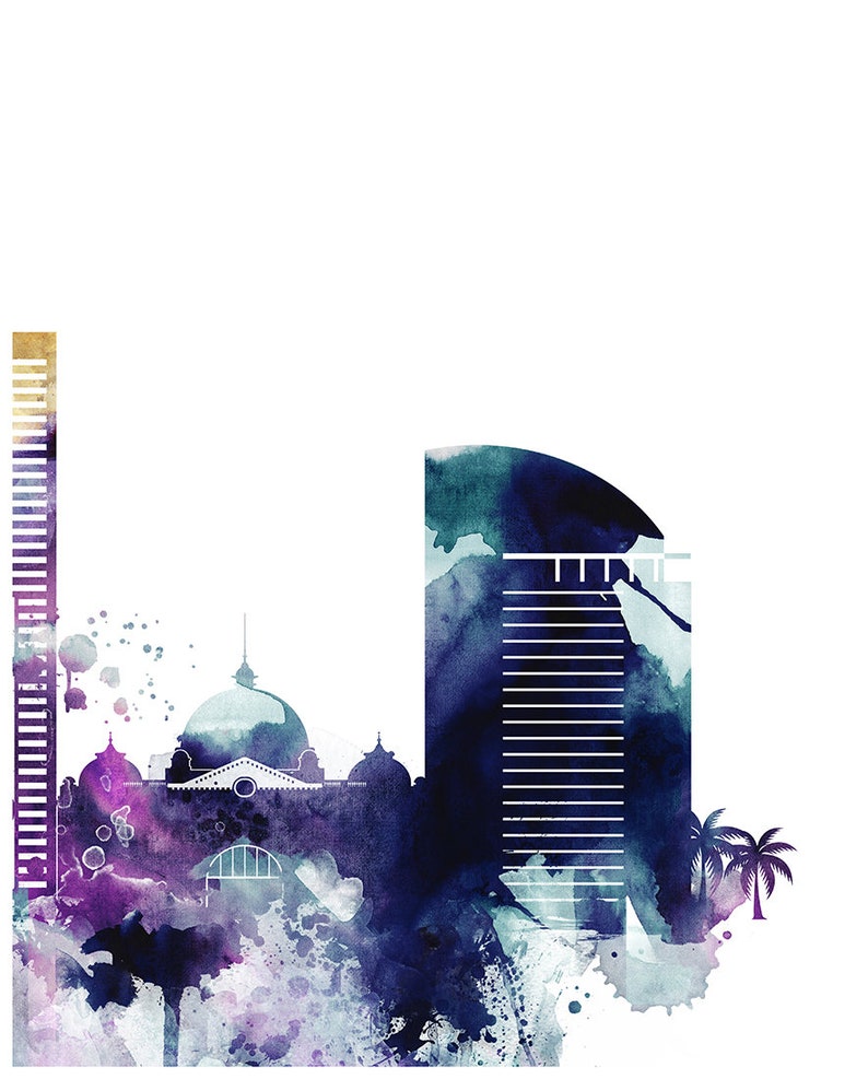 May include: Watercolor painting of a city skyline with a tall building, a domed building, and a palm tree. The painting is in shades of blue, purple, and white.