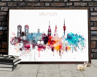 May include: A watercolor painting of the Munich skyline, featuring the Frauenkirche and other iconic buildings. The painting is in shades of blue, red, orange, and yellow, with a white background. The word "Munich" is written in gray at the top of the painting.