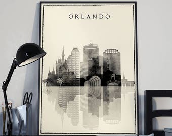 Orlando Black and White Skyline, Graphics Printable Cityscape, Florida Digital Poster Printable wall art Digital Download