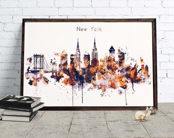 NYC aquarel Decor, downloadbare aquarel City Art, New York skyline, thuis en op kantoor inrichting, Skyline digitale downloaden