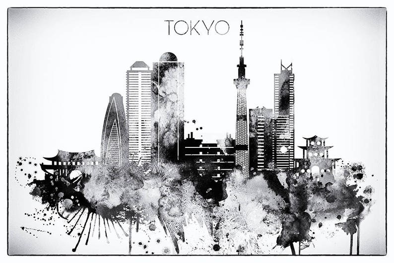 Black and White Tokyo Skyline Vintage Digital Poster Etsy