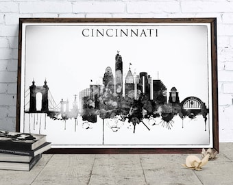 Cincinnati Black White Digital Poster, City skyline, Cincinnati Watercolor, Ohio Cityscape, Skyline for Print, Typography