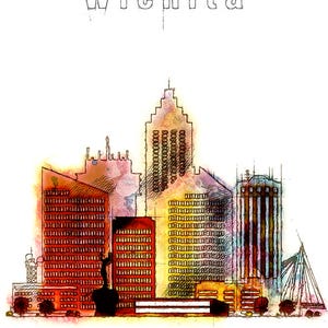 Pu&ograve; includere: Un'illustrazione ad acquerello dello skyline di Wichita, Kansas. L'illustrazione presenta diversi edifici alti in tonalit&agrave; di arancione, rosso e giallo. Il testo "Wichita" e "Kansas" &egrave; scritto in bianco nella parte superiore e inferiore dell'immagine.