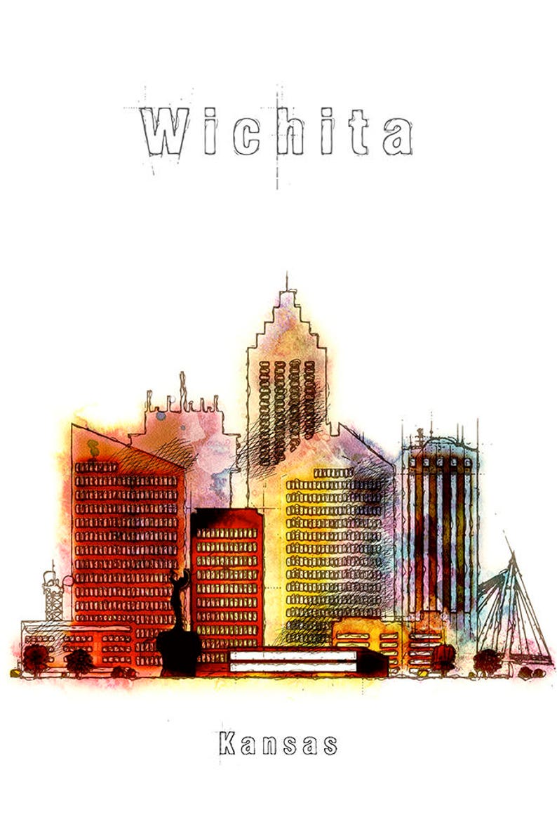 Pu&ograve; includere: Un'illustrazione ad acquerello dello skyline di Wichita, Kansas. L'illustrazione presenta diversi edifici alti in tonalit&agrave; di arancione, rosso e giallo. Il testo "Wichita" e "Kansas" &egrave; scritto in bianco nella parte superiore e inferiore dell'immagine.