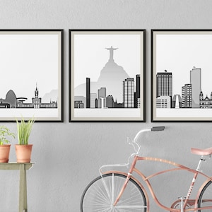 Rio de Janeiro City Set de 3 impresiones descargables Brasil Digital Descargar Blanco Negro Río De Janeiro Tríptico Carteles de casa y oficina