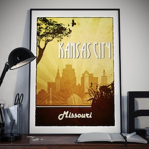 Kansas City  Retro Print Travel Poster Retro Wall Art Retro Design City Print Home Decor Missouri skyline Printable Retro City Art
