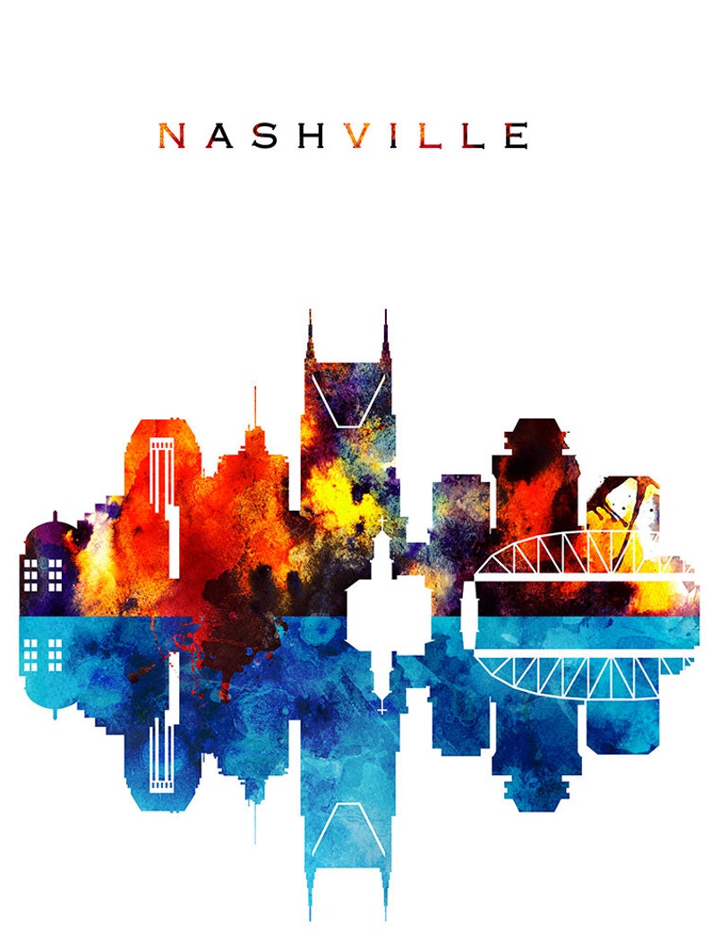 Nashville Watercolor Skyline, Nashville Printable Skyline, Tennessee Digital Poster, Printable wall art, Digital Download image 2