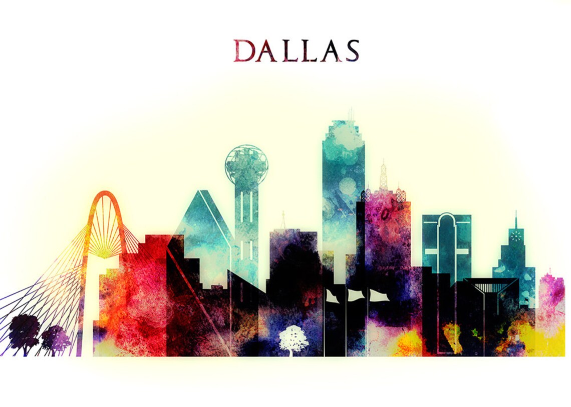 Dallas Skyline Texas Digital Poster Watercolor Dallas Etsy