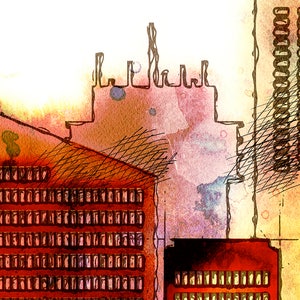 Pu&ograve; includere: Un dipinto astratto ad acquerello di uno skyline urbano con edifici in tonalit&agrave; di arancione, rosso e marrone. Gli edifici hanno un motivo a griglia di finestre.