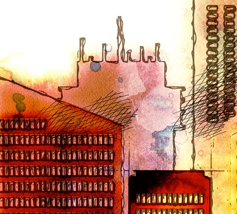 Pu&ograve; includere: Un dipinto astratto ad acquerello di uno skyline urbano con edifici in tonalit&agrave; di arancione, rosso e marrone. Gli edifici hanno un motivo a griglia di finestre.