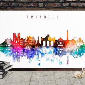 Souvenir de Fine Art Poster mural Art coloré monuments Europe voyage fait à la main de ligne d’horizon de Bruxelles Belgique impression Decor maison cadeau