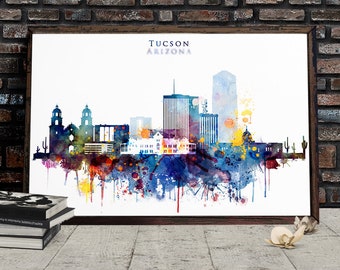 Tucson Watercolor Digital Poster, Arizona City skyline, Watercolor Cityscape, Printable Watercolor wall decor, Tucson wall decor