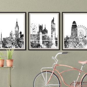 London 3 piece Wall art London skyline set of 3 Prints Posters travel decor Black White home decor Triptych Set of 3 Downloadable prints