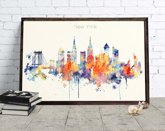 New York digitale Poster, de skyline van de stad, aquarel van NY, New York skyline, Big Apple wand decor, afdrukbare 20&#39;&#39; x 30&#39;&#39; inch
